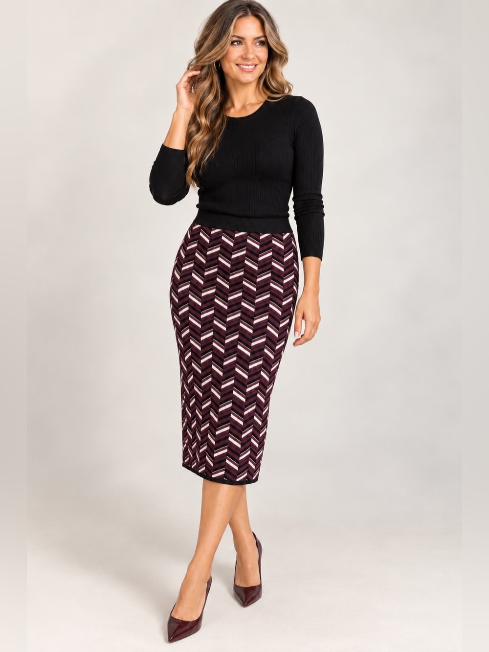 Michael Kors P/L Chevron Sweater Knit Midi Skirt Eggplant Pink Black Stretch